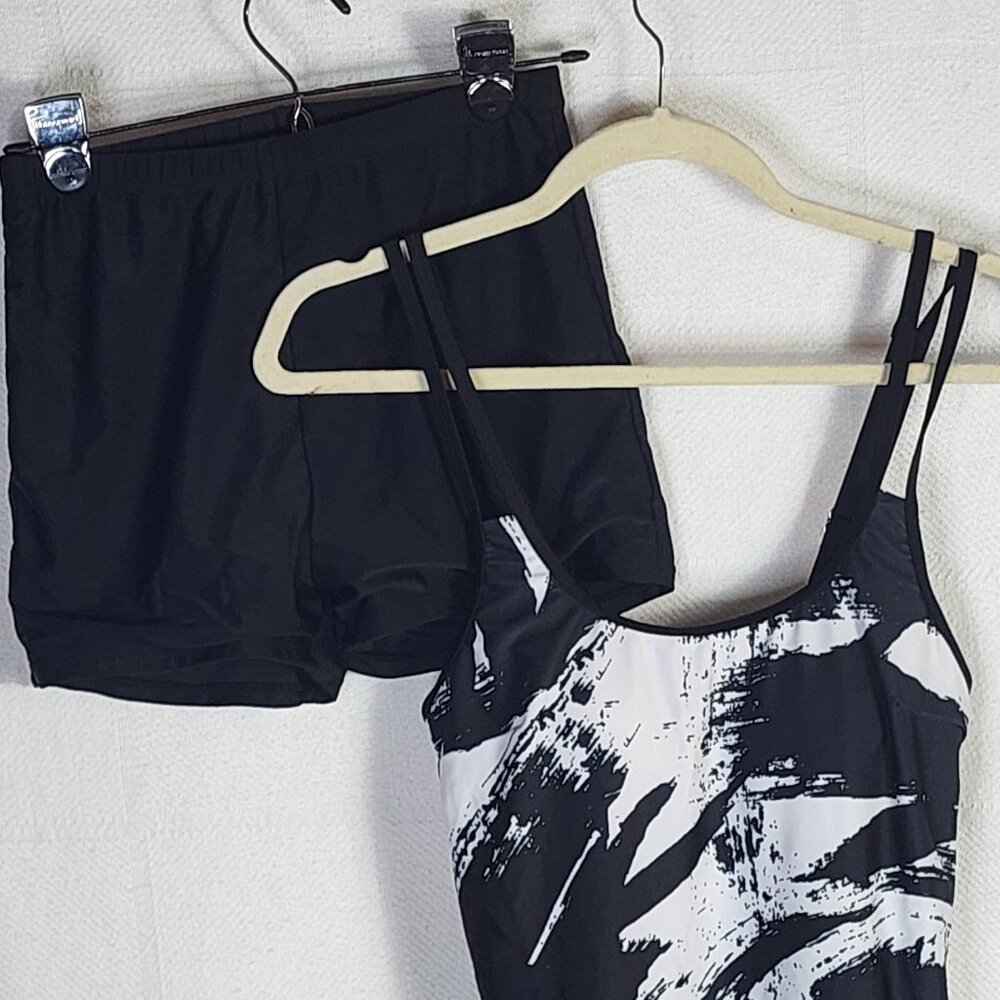Rotita Black White Graffiti Print Poly Elastane Double Adj Straps Tankini Set SM - Picture 2 of 16